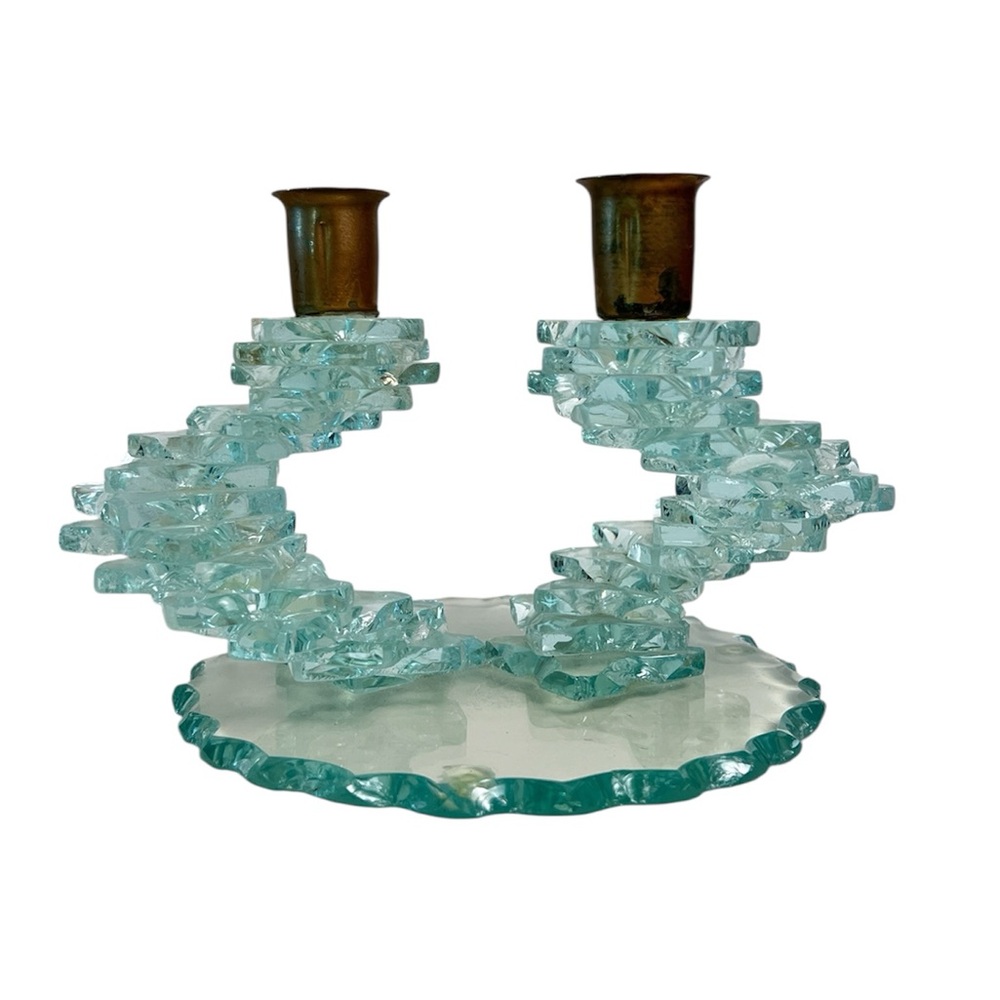 Vintage Mid Century Modern Ice Glass Stacked Candle‎ Holder w/ Brass Inserts
